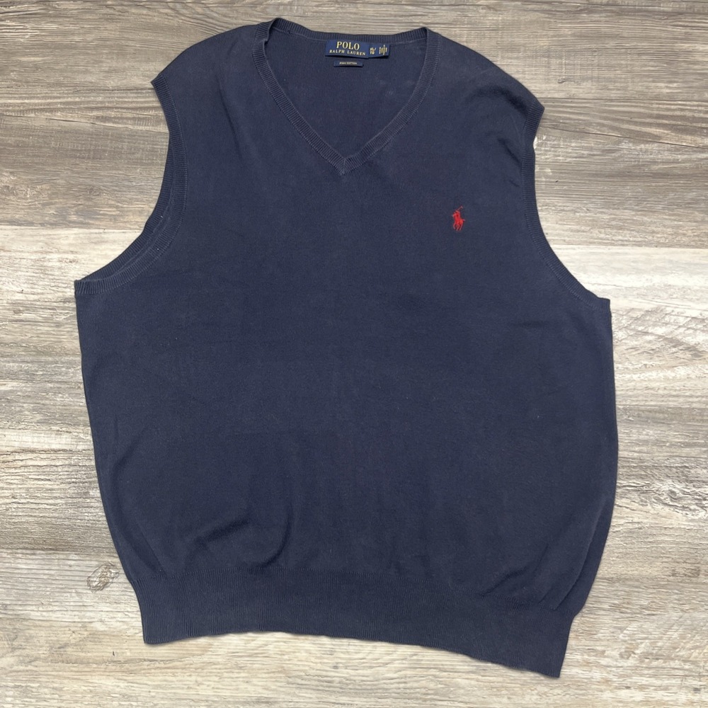 Polo Ralph Lauren Sweater Vest Mens XL Navy Blue V-neck Pullover Pima Cotton EUC